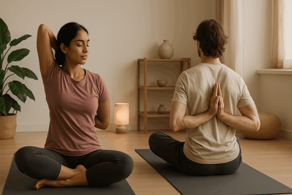 Two people in a serene yoga studio performing Cow Face and Reverse Prayer poses—exercises to improve reach behind back.