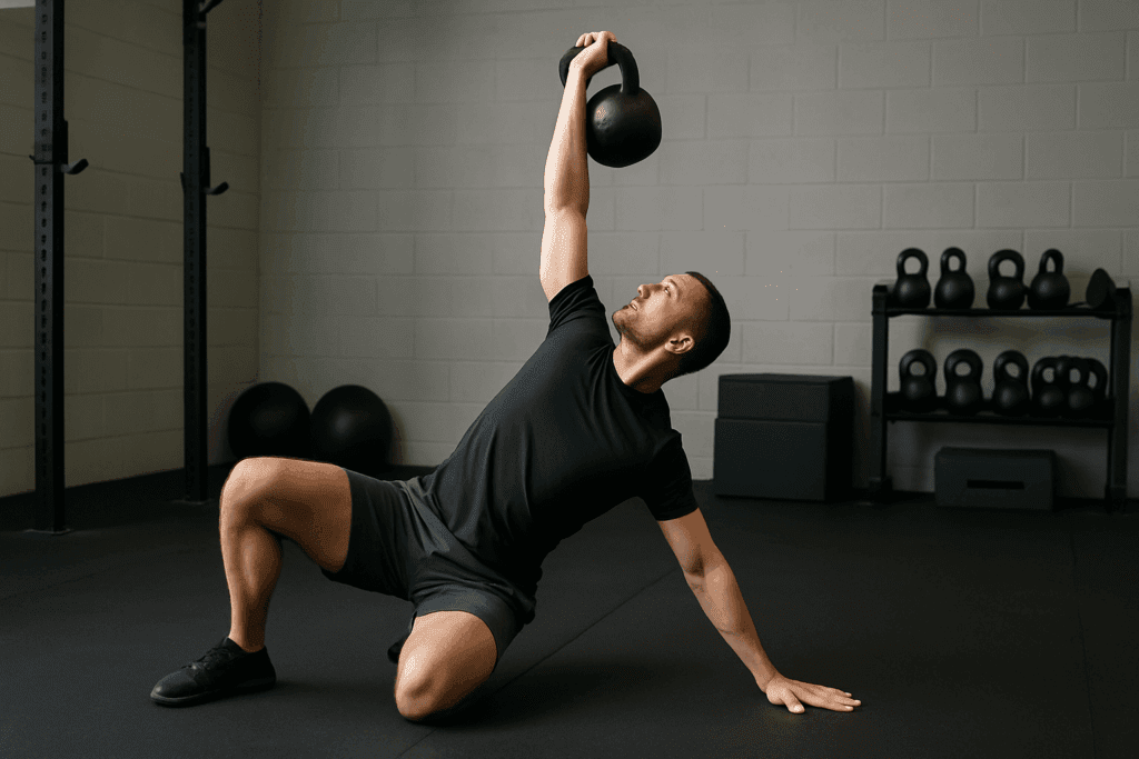 Fitness trainer demonstrating Turkish get-up with kettlebell to show exercises to improve reach behind back, focusing on shoulder stability and mobility in a minimalist gym.