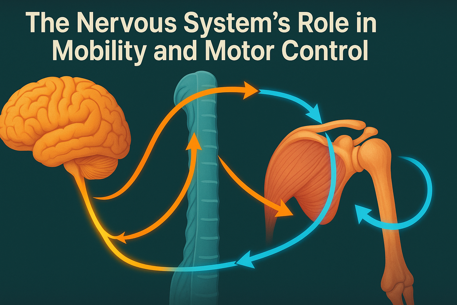 Infographic showing neural pathways between brain, spinal cord, and shoulder joint during internal rotation, supporting exercises to improve reach behind back