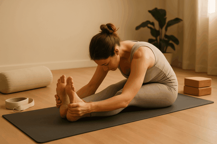 Woman doing stretching exercises for lower back and hamstrings in a calm home yoga studio with props and soft lighting