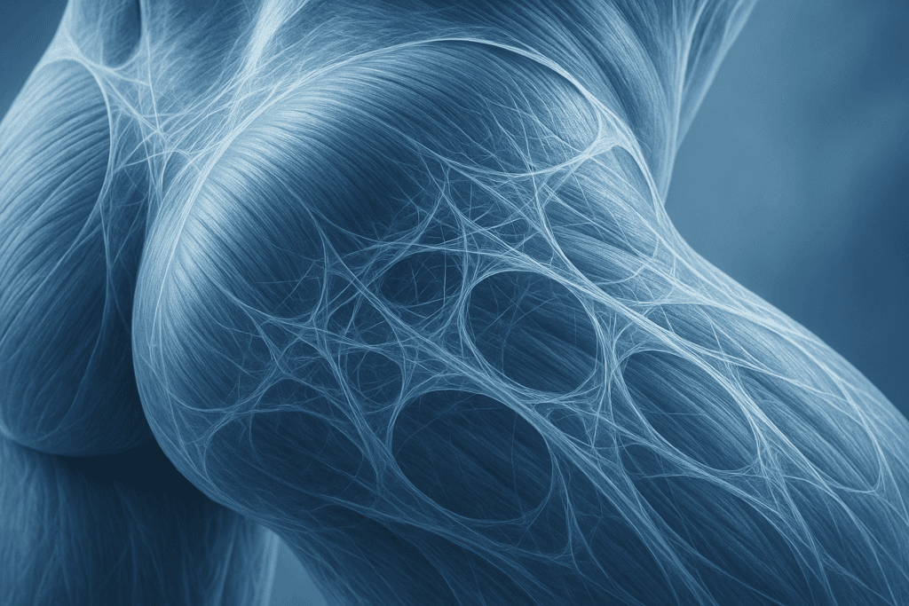 Elastic, web-like fascia tissue woven through muscle layers in the lower back and hamstrings, highlighting hydration and flexibility from stretching exercises for lower back and hamstrings