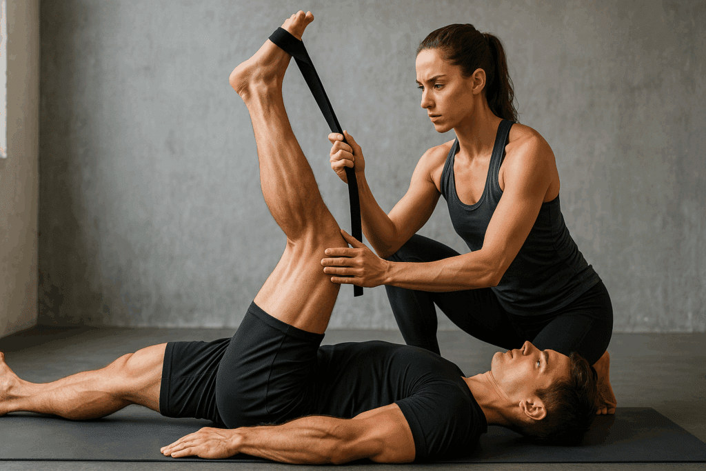 Partner-assisted PNF stretch demonstrating stretching exercises for lower back and hamstrings with one person lying down and resisting leg movement.