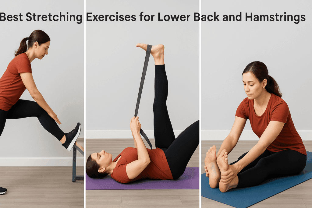 Woman demonstrating three stretching exercises for lower back and hamstrings, including standing, supine, and seated hamstring stretches.