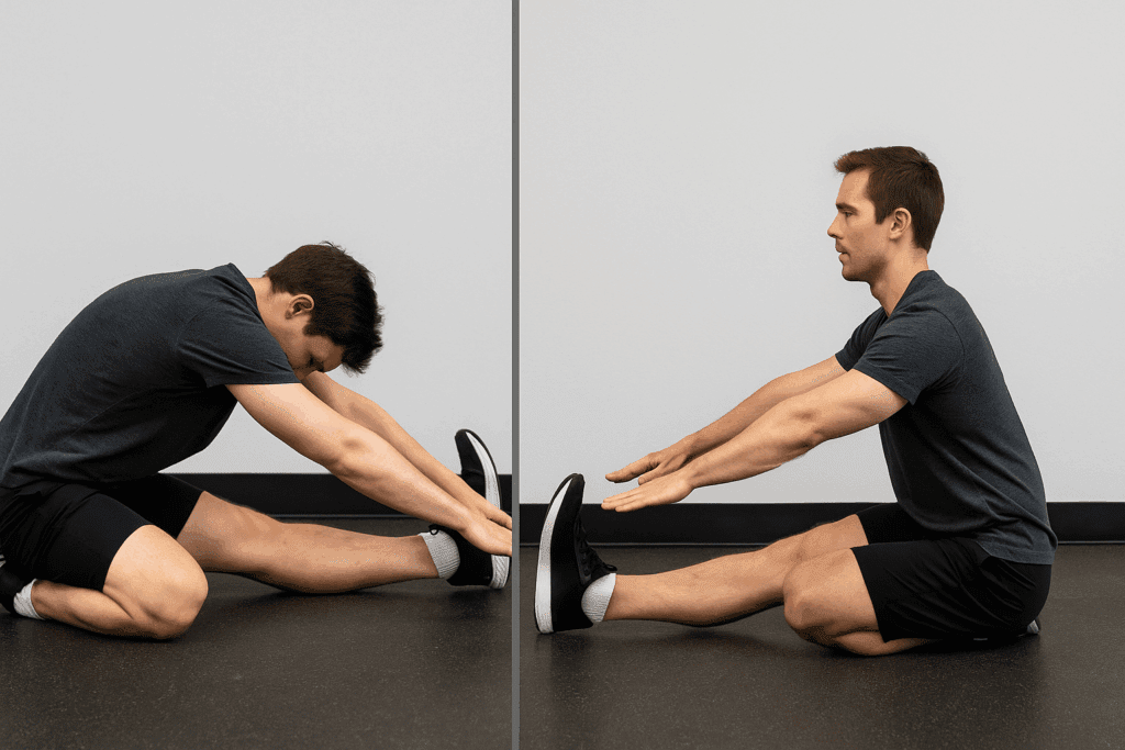 Proper vs improper stretching exercises for lower back and hamstrings shown side-by-side during a seated hamstring stretch.