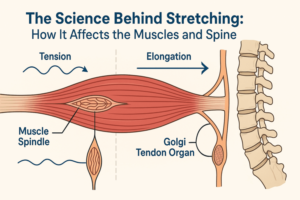 Diagram showing how stretching exercises for lower back and hamstrings activate muscle spindles and Golgi tendon organs to reduce tension and improve flexibility.