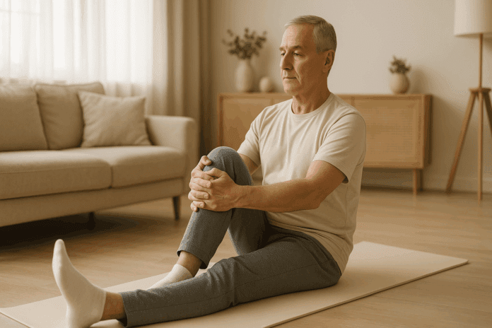 Older adult performing hip osteoarthritis exercises on a yoga mat in a sunlit living room, demonstrating a seated hip stretch with calm focus.