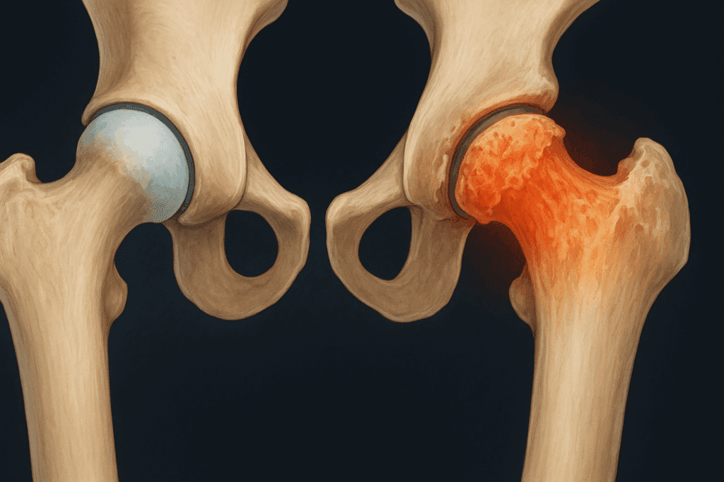 Side-by-side illustration of a healthy hip joint and one with severe degeneration from arthritis, highlighting key issues targeted by hip osteoarthritis exercises
