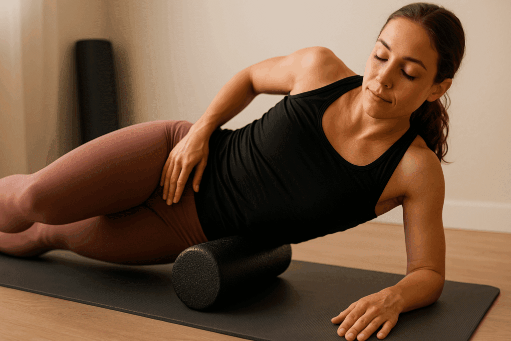 Woman performing hip osteoarthritis exercises using a foam roller on her outer thigh in a home therapy setting