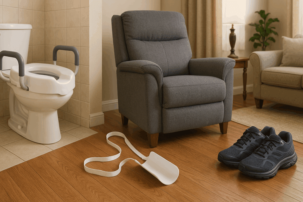 Adaptive home tools like a raised toilet seat, sock aid, supportive chair, and cushioned shoes used alongside hip osteoarthritis exercises for daily relief.