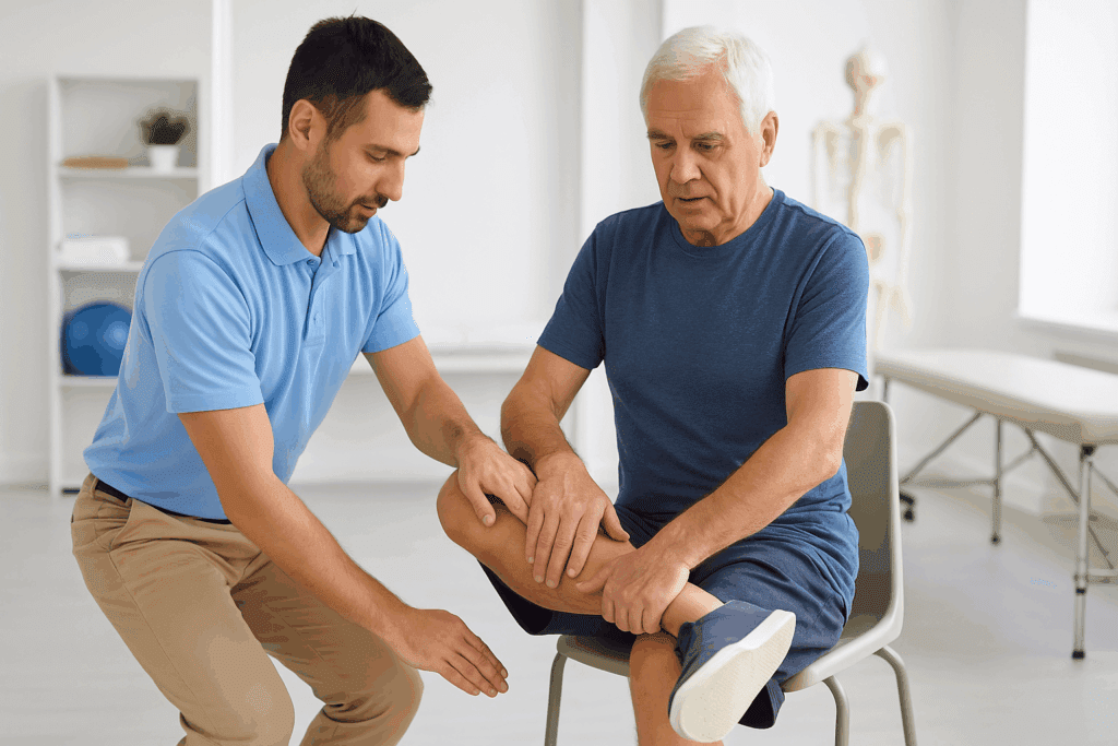 Physiotherapist assisting older adult with seated hip stretch during clinical hip osteoarthritis exercises session