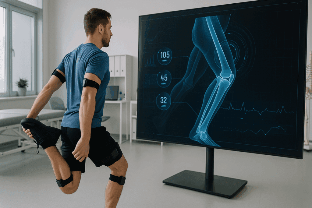 Patient wearing motion sensors performs leg stretch in rehab clinic while screen displays joint data, demonstrating hip osteoarthritis exercises with real-time feedback.