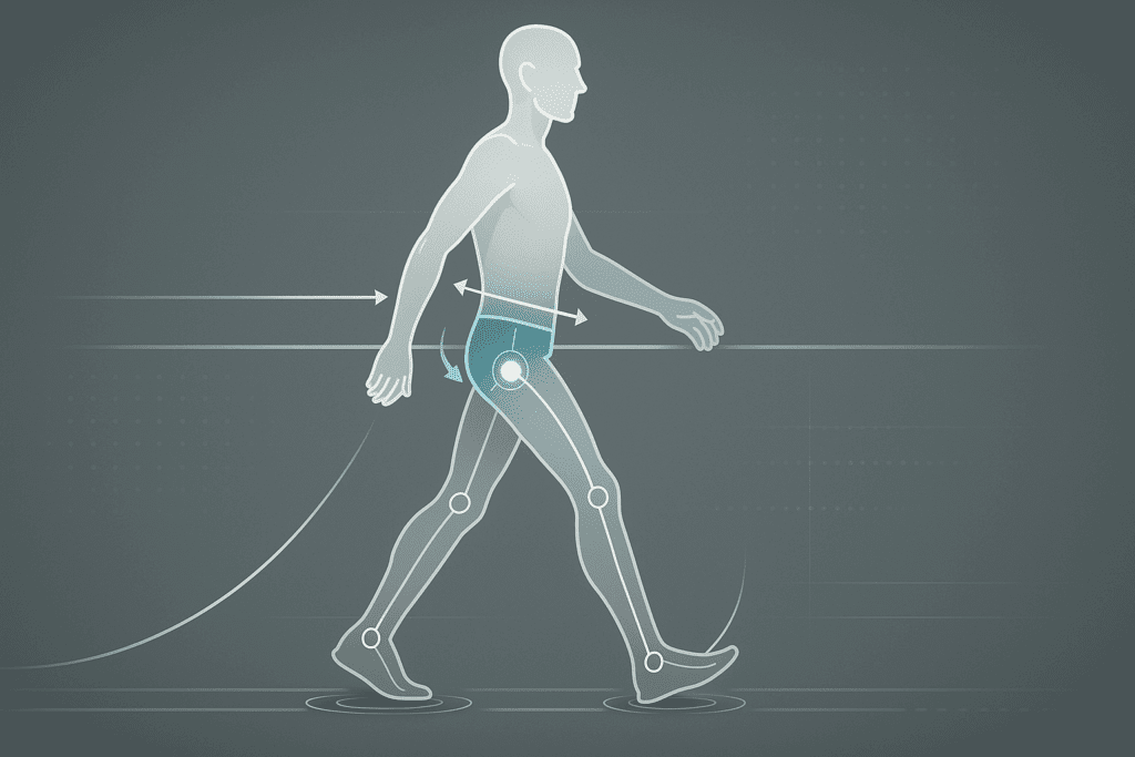 Clinical-style gait analysis illustration highlighting pelvic tilt, hip drop, and joint motion relevant to hip osteoarthritis exercises