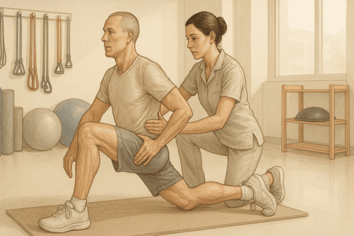 Therapist assisting a middle-aged man with hip rehabilitation exercises on a mat in a bright physical therapy room with gym equipment in the background.