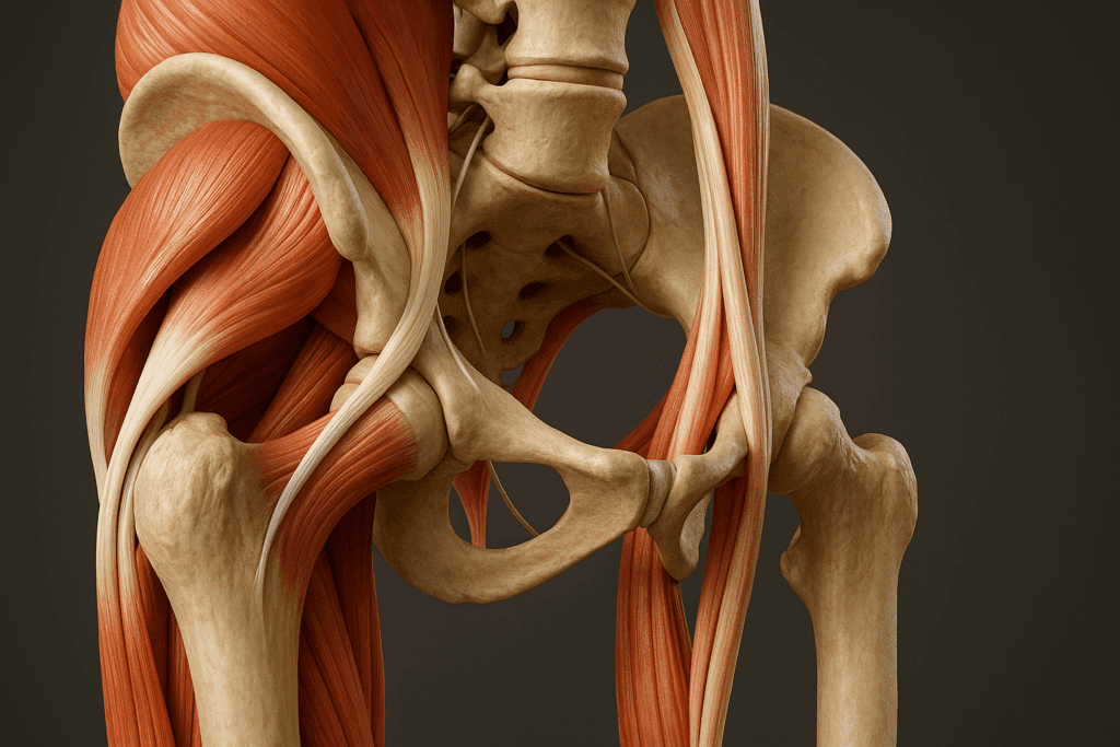 3D anatomical rendering of the hip joint showing key muscles like gluteus medius and iliopsoas used in hip rehabilitation exercises