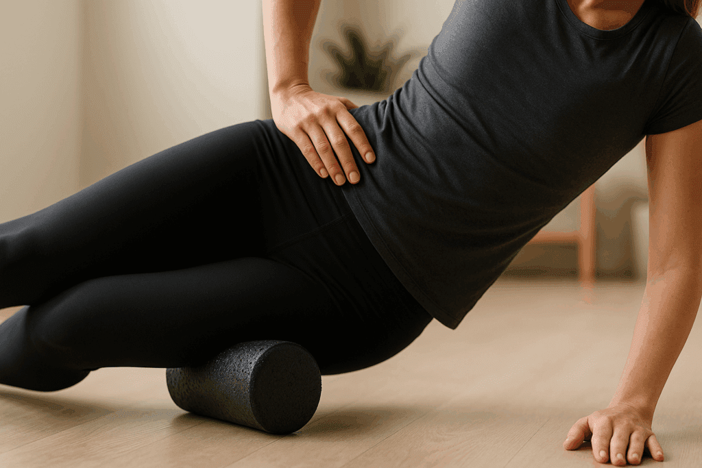 Woman performing hip rehabilitation exercises with a foam roller on the IT band in a home setting