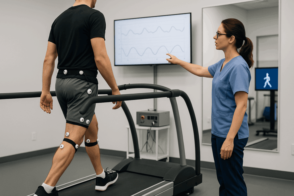 Patient performing hip rehabilitation exercises on a treadmill with motion sensors in a clinical gait lab while therapist monitors movement data.