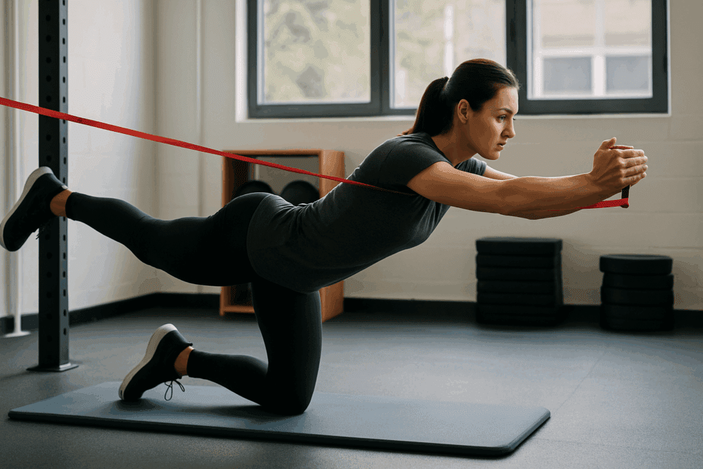 Woman performing bird-dog with resistance band on a mat in a sunlit gym, demonstrating hip rehabilitation exercises with proper core alignment.