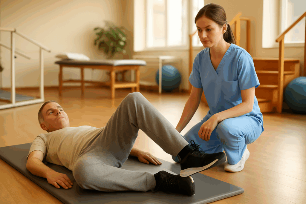 Patient performing hip rehabilitation exercises on a mat under therapist supervision in a physical therapy clinic
