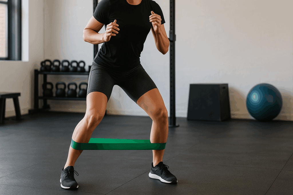 Person performing hip rehabilitation exercises with a resistance band in a gym, demonstrating controlled lateral movement and posture alignment.