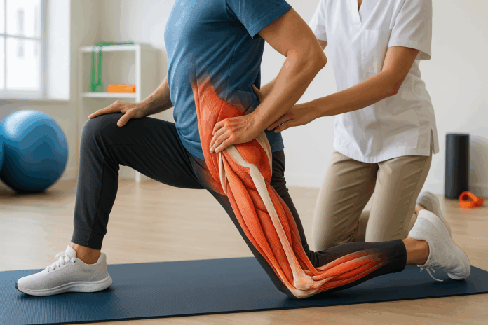 Person performing hip tendonitis stretches on a yoga mat during physical therapy, with a therapist assisting and muscle anatomy highlighted.