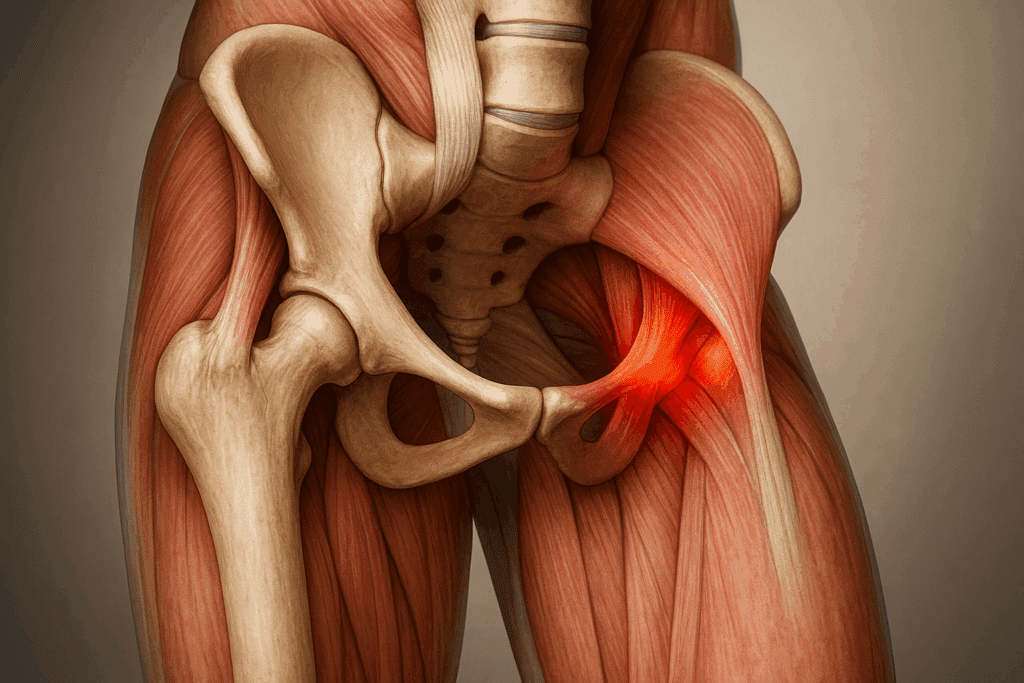 Anatomical illustration of inflamed hip tendons and surrounding muscles like the iliopsoas and gluteals, highlighting pain areas relevant to hip tendonitis stretches