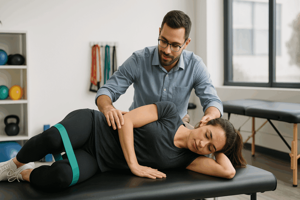 Physical therapist guiding a patient through side-lying clamshells with a resistance band during hip tendonitis stretches in a rehab clinic