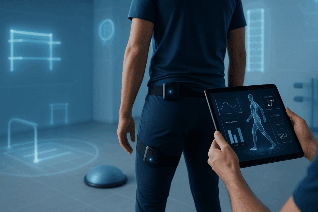 Person wearing motion sensors on hip and thigh during virtual physical therapy session with tablet-based feedback, illustrating hip tendonitis stretches.