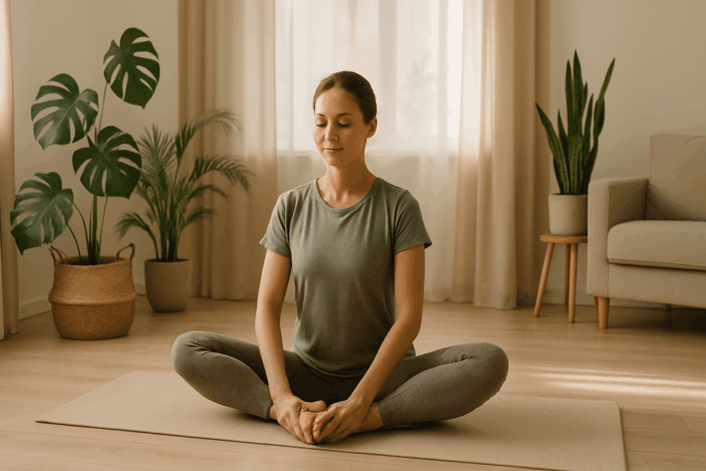 Woman practicing hip tendonitis stretches in butterfly pose on a yoga mat in a sunlit, plant-filled living room.