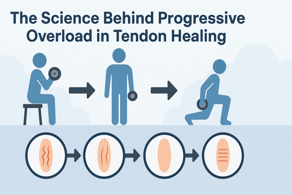 Infographic showing progressive rehab phases for hip tendonitis stretches, from isometric to isotonic to eccentric loading.
