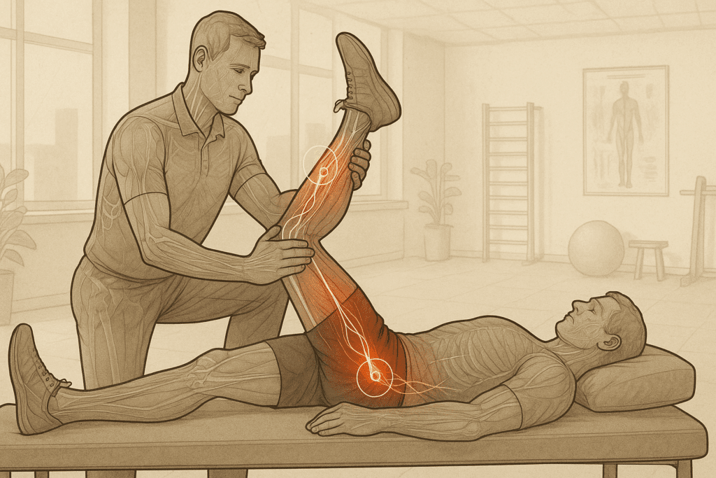 Clinician assisting a patient in hamstring stretch with neural feedback highlights, illustrating hold relax vs contract relax techniques in a rehab setting