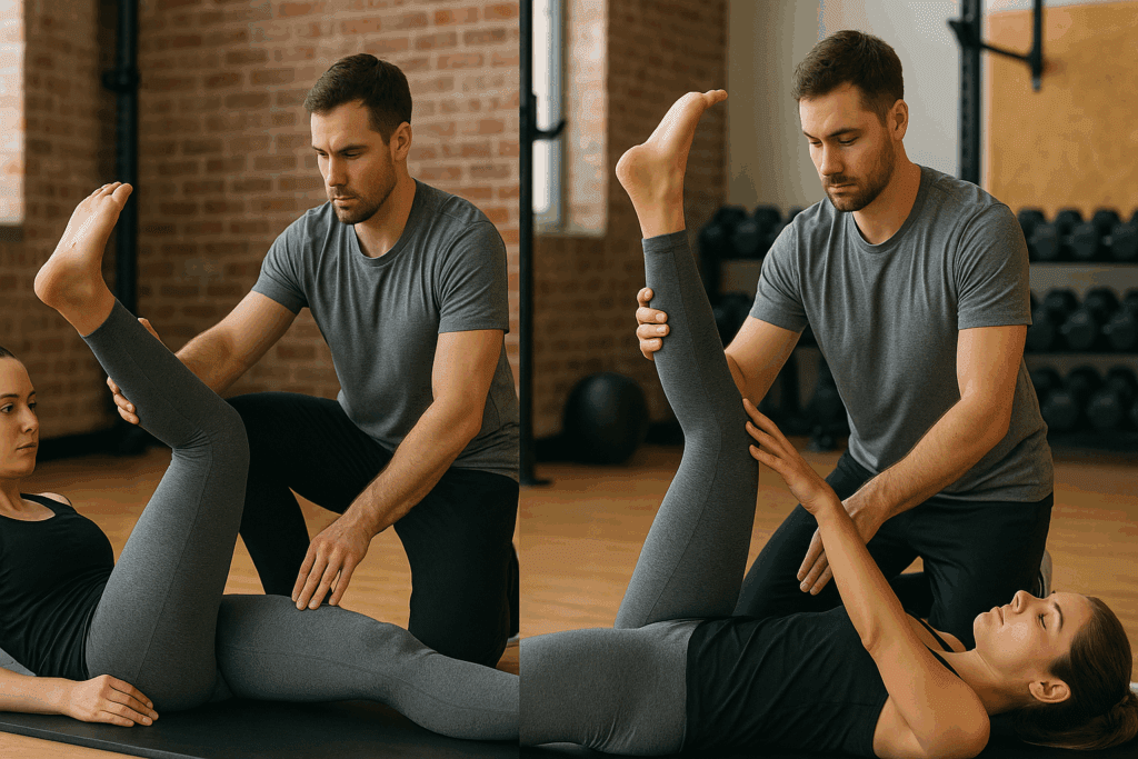 Side-by-side demonstration of hold relax vs contract relax stretching with a therapist assisting a client through isometric contraction and passive stretch phases in a gym setting.