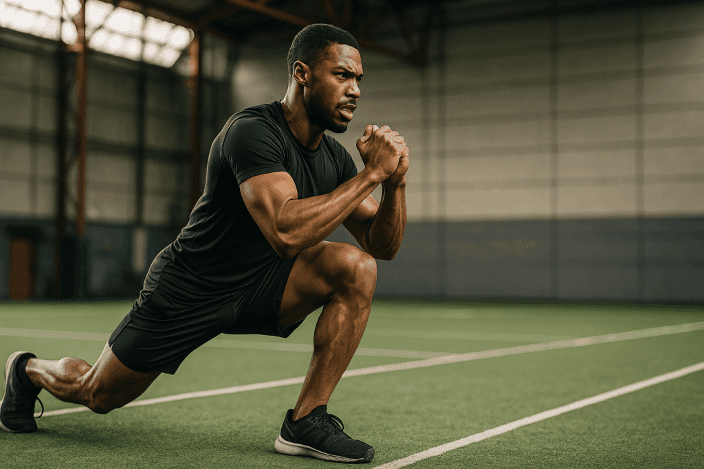 Athlete performing a lunge stretch in a sports facility during contract relax stretching, illustrating hold relax vs contract relax technique.