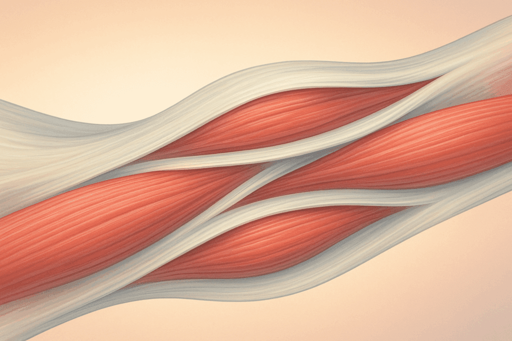 Anatomical illustration showing fascia layers sliding over muscle fibers during stretching, supporting the concept of hold relax vs contract relax techniques