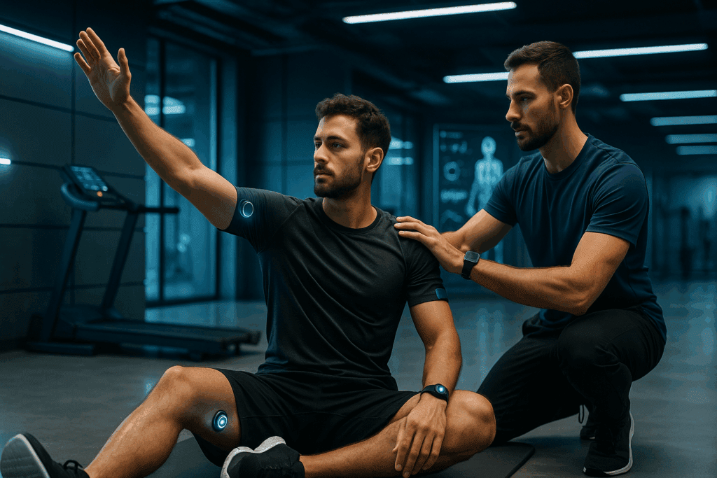 Athlete guided by a coach performing PNF stretching with wearable motion sensors in a high-tech gym, illustrating hold relax vs contract relax techniques.