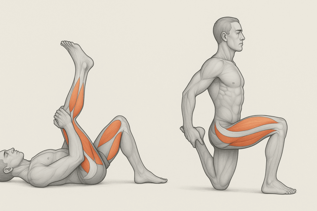 Side-by-side comparison of hold relax vs contract relax techniques with two anatomical human figures demonstrating isometric and concentric muscle activation.