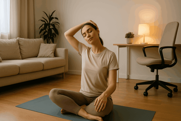 Person performing a neck stretch on a yoga mat in a calm home setting, showing how to relieve neck tension and stiffness through mindful posture.