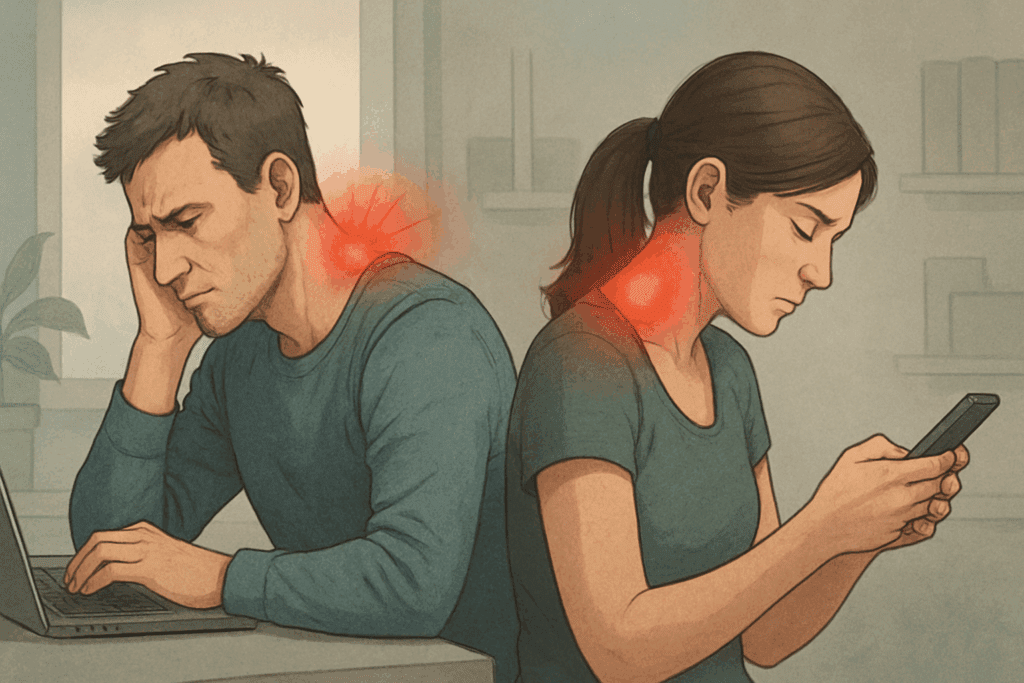 Man slouching over a laptop and woman looking down at a smartphone, both showing visible signs of neck strain, illustrating how to relieve neck tension and stiffness from poor posture.