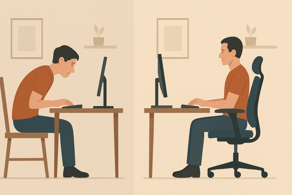 Side-by-side home office comparison showing poor posture and ergonomic setup to illustrate how to relieve neck tension and stiffness.