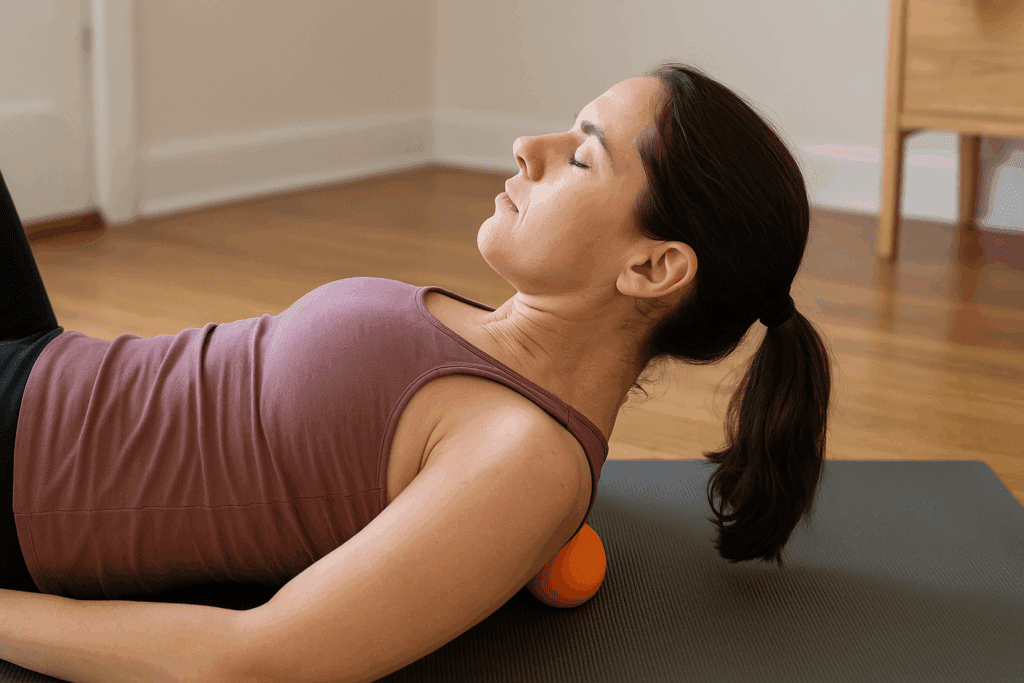 Woman using a massage ball at the base of her skull on a yoga mat in a home setting, demonstrating how to relieve neck tension and stiffness.