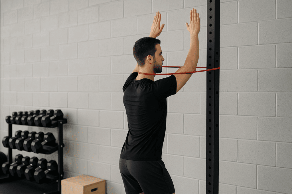 Man demonstrating chin tuck with resistance band in a gym, showing how to relieve neck tension and stiffness through posture correction.