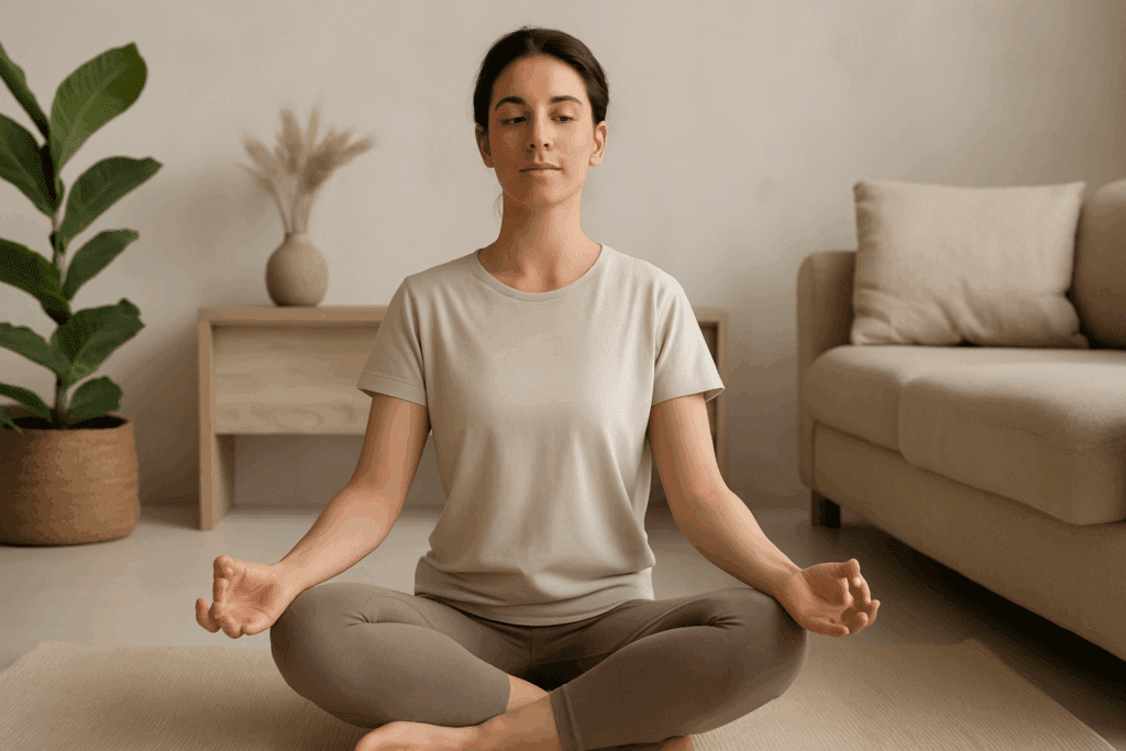Woman meditating in a serene room with relaxed shoulders, practicing how to relieve neck tension and stiffness through breathwork.