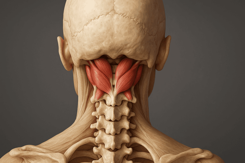 Suboccipital muscles and cervical spine anatomy highlighting trigger areas at the skull base, showing how to relieve neck tension and stiffness