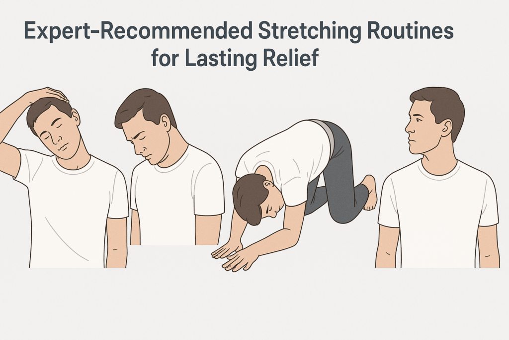 Man demonstrating four stretches to show how to relieve neck tension and stiffness, including side tilt and thread-the-needle pose.