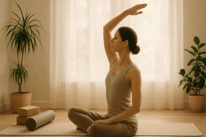 Woman seated cross-legged in a sunlit room, gently stretching with an upright spine, demonstrating how to elongate your spine.