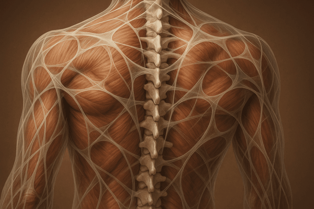 Translucent fascia webbing overlaying back muscles and spine, illustrating how to elongate your spine through fascial release.