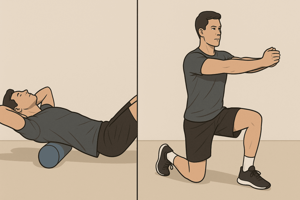 Split-screen illustration of a man foam rolling his upper back and performing a Pallof press, demonstrating how to elongate your spine through mobility and stability exercises.