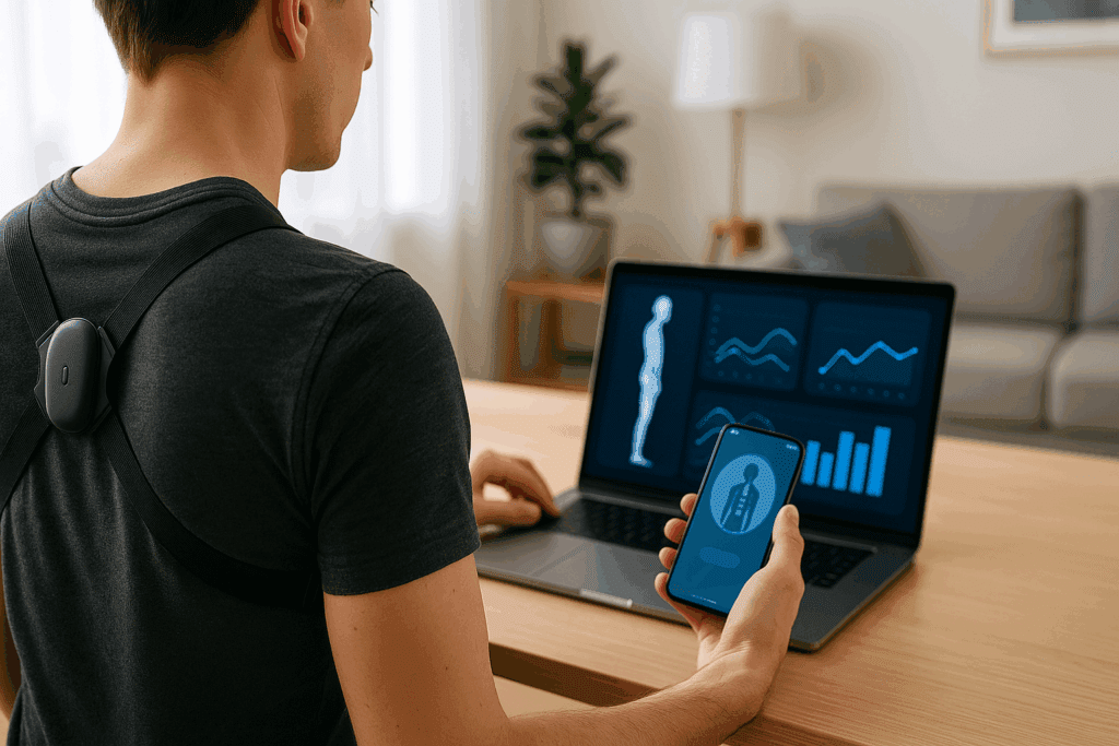 Person using wearable posture sensor with laptop and phone showing spinal alignment data in a modern home office, demonstrating how to elongate your spine through digital posture tools.