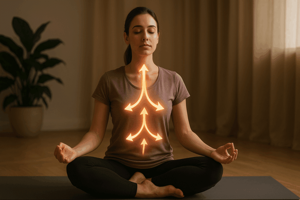 Person practicing deep diaphragmatic breathing in a cross-legged position, demonstrating how to elongate your spine in a calming meditative setting.