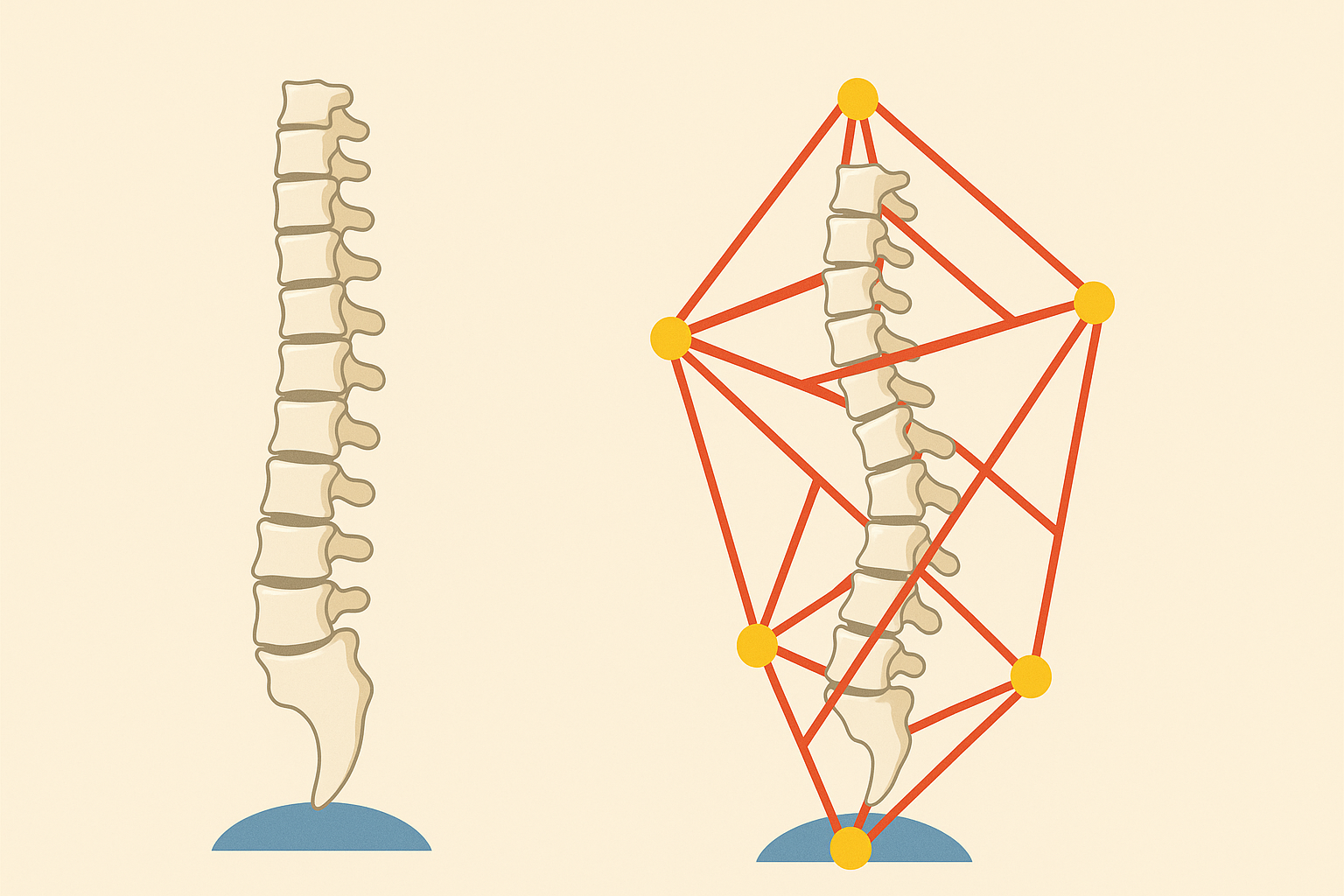 Biomechanical diagram comparing a rigid spine with a biotensegrity structure to show how to elongate your spine through tension-based support