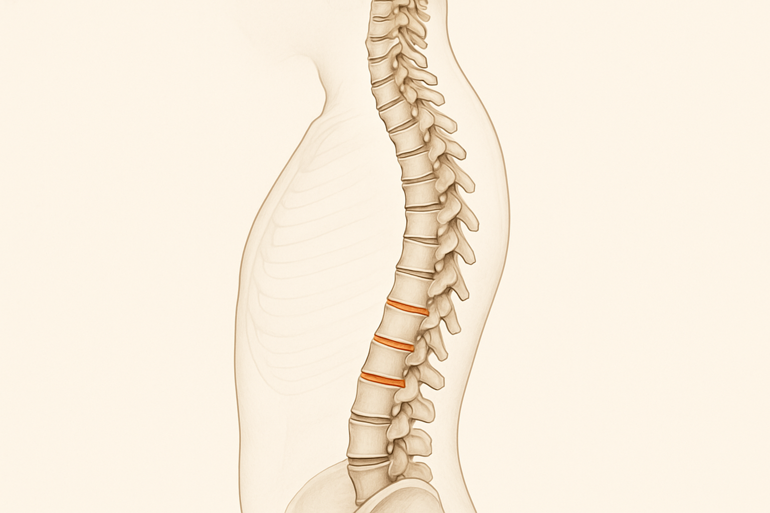 Side-view anatomical illustration of a human spine showing vertebrae, natural curvature, and compression points related to how to elongate your spine